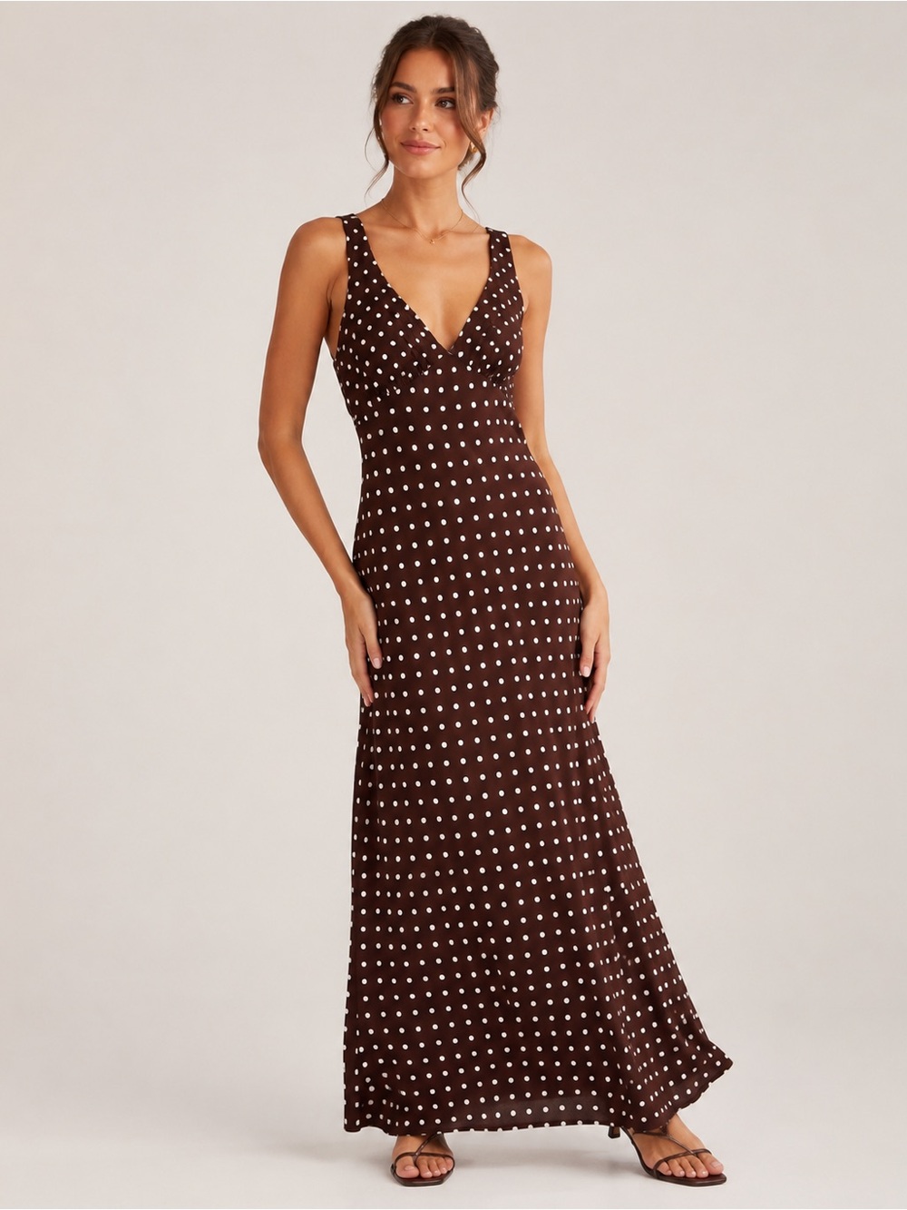 Princess Polly Brown Polka Dot V-Neck Maxi Dress